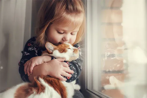 baby girl and an orange and white cat hugging by the window