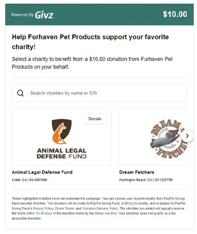 screenshot of how to donate through the Furhaven Cares program