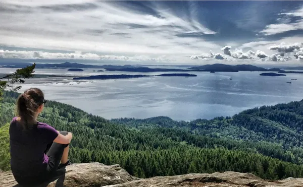 A human wearing a red shirt and athletic leggings sits on a rocky ledge overlooking a massive, forested area, which borders a large body of water, at FurHaven Pet Products