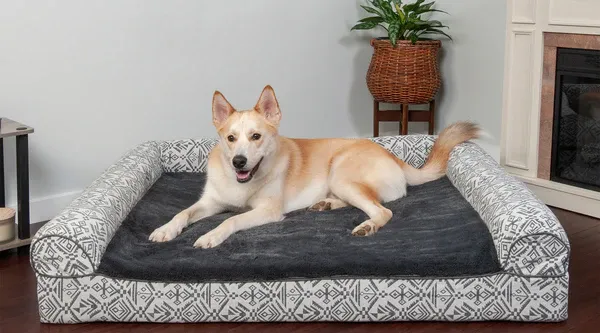 A yellow and white dog lying on top of a gray, patterned FurHaven Southwest Kilim Bed, on top of brown hardwood flooring